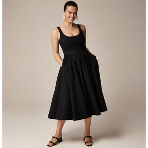 J.Crew Fit and Flare Midi Dress Cotton Poplin Minimalist A Line Black US 00 NWT